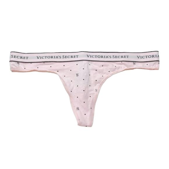Victoria’s Secret Logo Cotton Thong Panty Purest Pink Logo Dots Size Large - Picture 1 of 3
